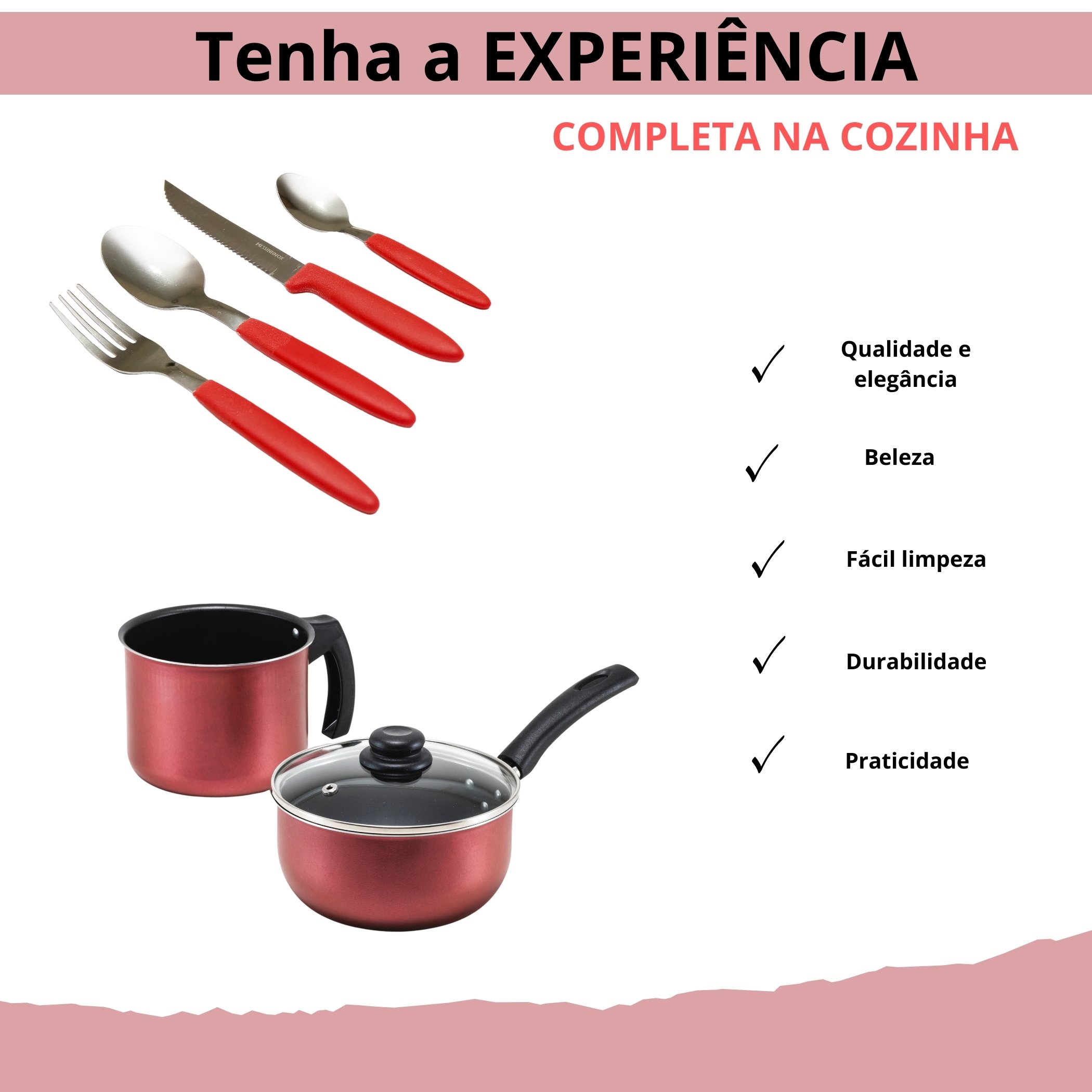 Kit Panela 16 Cm Cereja Antiaderente Tampa de Vidro e Fervedor 14 Cm Cereja + Cj Talher 25 Pcs - 6