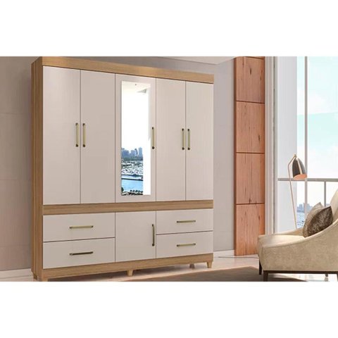 Guarda Roupa Casal 6 Portas e 4 Gavetas C/ Espelho Guarujá Amêndola/off White - Demóbile