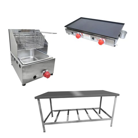 Kit Lanchonete Mesa de Manipulação 190x70cm + Fritadeira a Gás 1 Cuba + Chapa a Gás 60cm