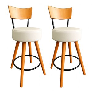 Kit 2 Banqueta Alta Cozinha Estofada Off-white com Encosto Madeira Urban