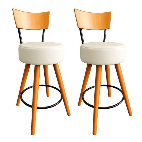 Kit 2 Banqueta Alta Cozinha Estofada Off-white com Encosto Madeira Urban