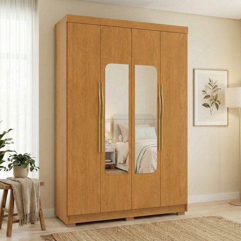 Guarda-Roupa Solteiro Siena com Espelho 4 Portas 3 Gavetas 100% MDF Marrom/Cerejeira