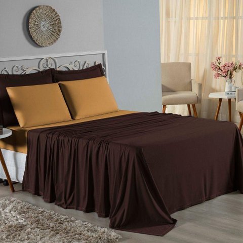 Jogo de Cama Casal Viúva Nobre 4 Peças Malha 100% Algodão - Marrom / Cobre
