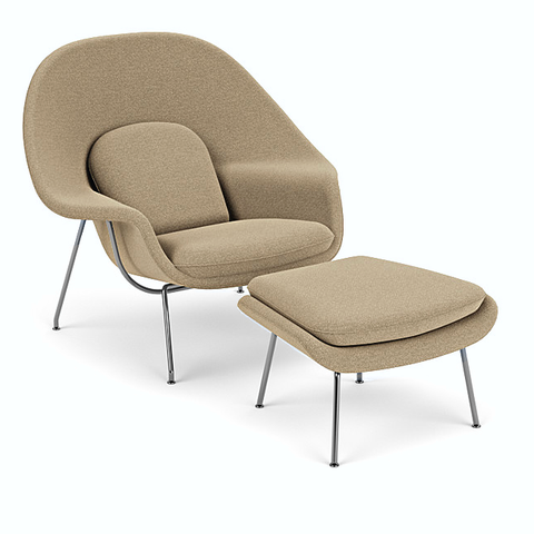 Poltrona Womb Chair com Puff em Bouclê Decorato Móveis Fendi Aço Cromado