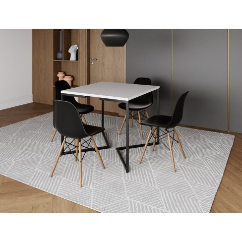Mesa Industrial Base Ferro Preto em V Tampo 90x90 Branco 4 Cadeiras Eames Madeira Assento Preto