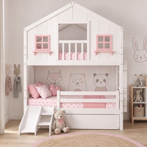 Treliche Casinha Dos Sonhos com Varanda Kit Escorregador e Grade Proteção Madeira Maciça Branco