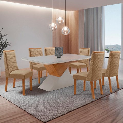 Mesa de Jantar Aster 180cm Tampo MDF Vidro Canto Copo com 6 Cadeiras Carolina