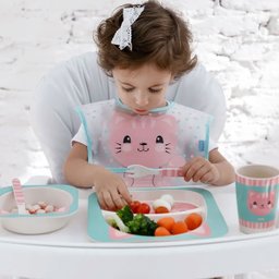 Babador Impermeável com Bolso Cata Migalhas para Bebê Buba Gatinho Rosa - 2