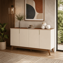Ver imagem 1 de Balcão Buffet Aparador Recife 160cm 4 Portas MDP/MDF Pés Retrô 2 Prateleiras UV - Offwhite/Canela