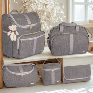 Kit Bolsa Maternidade 5 Peças com Mochila 2 em 1 e Porta Mamadeira Térmico Amor:cinza