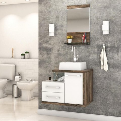 Conjunto Balcão C-cuba Q32 e Espelheira Legno 651 Branco Chess C-carvalho Branco Chess C-carvalho