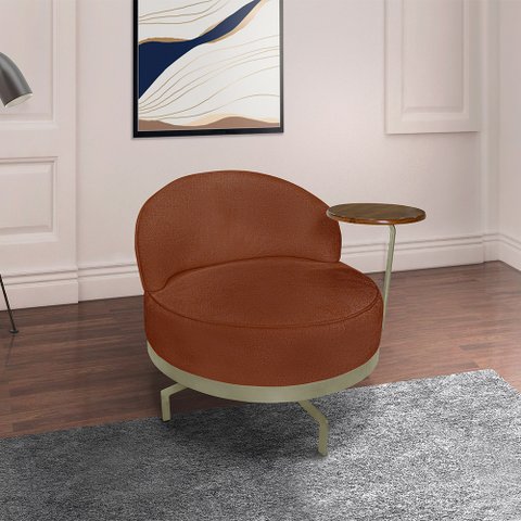 Poltrona Sala de Estar Pés em Ferro Champagne Giratória Braço Madeira Maciça 86cm Banff Bouclê Terra