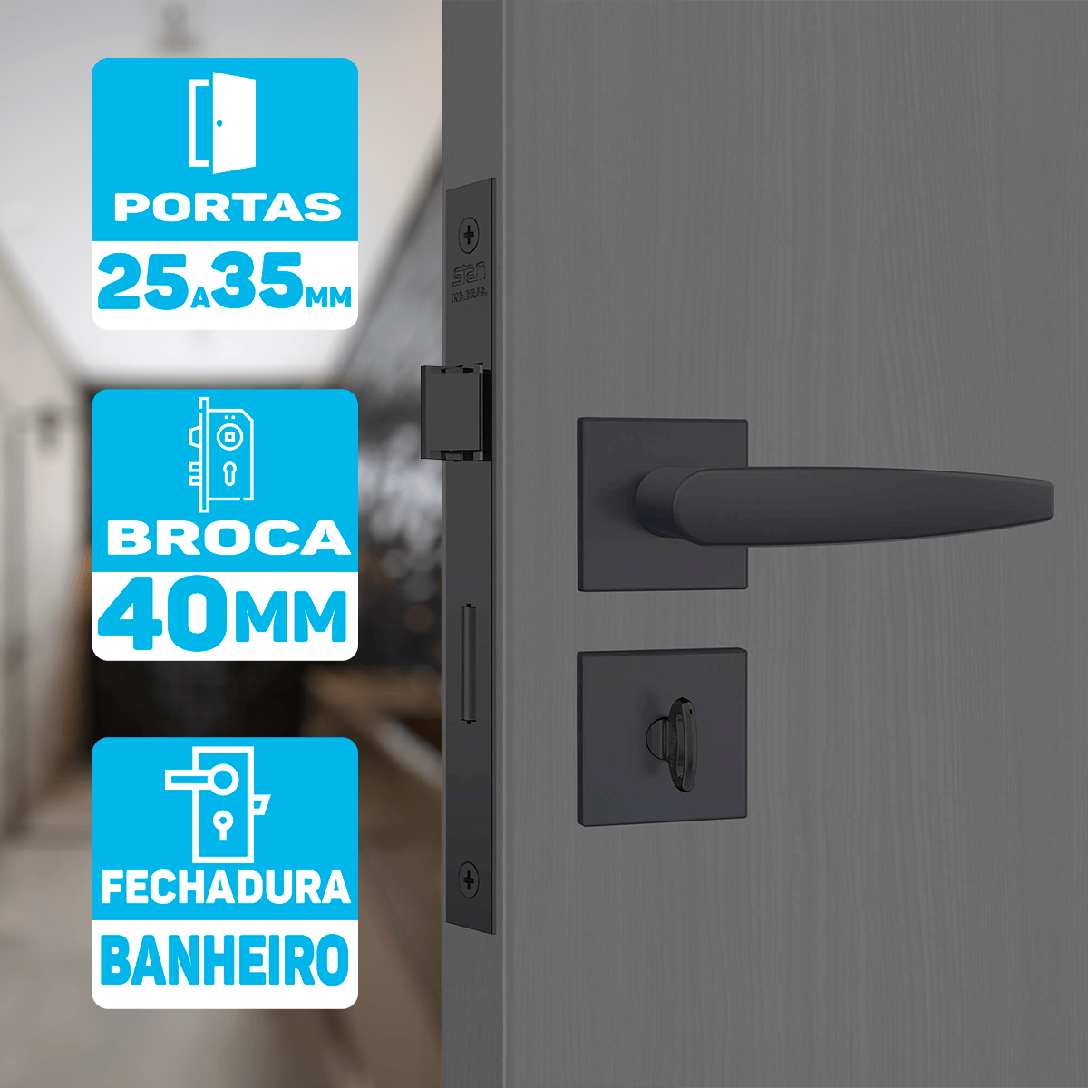 Fechadura Para Porta Banheiro Quarto Broca 40mm Stam Preto FECH. 823/33 - RQ1 PRETO FOSCO - 3