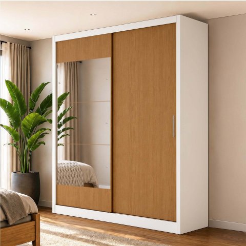 Guarda-Roupa 100% MDF 2 Portas de Correr 2 Gavetas com Espelho 131x213x55cm Branco/Cinamomo