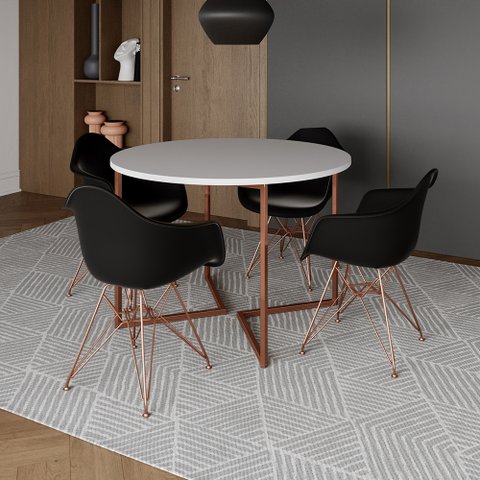 Mesa Industrial Jantar Branca 110cm Redonda Base V com 4 Poltronas Pretas Eames Eiffel Base Cobre