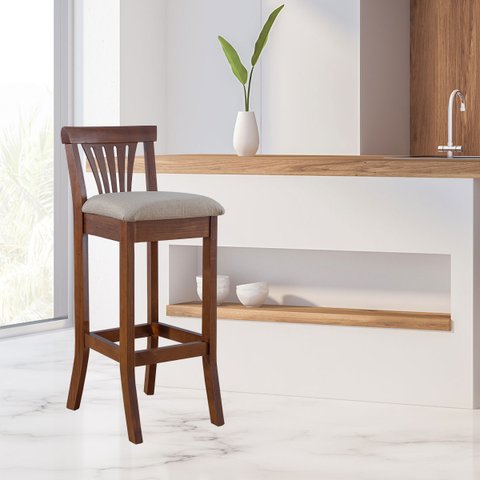 Banqueta Alta Estofada Valentina 36 x 100 Cm Madeira Maciça Imbuia Verniz Linho Bege M58 - RMI