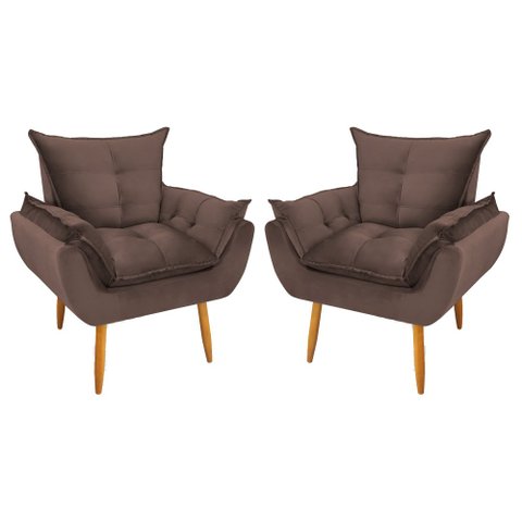 Kit 2 Poltronas Decorativa Opala Pés Palito Veludo Marrom Chamby Móveis