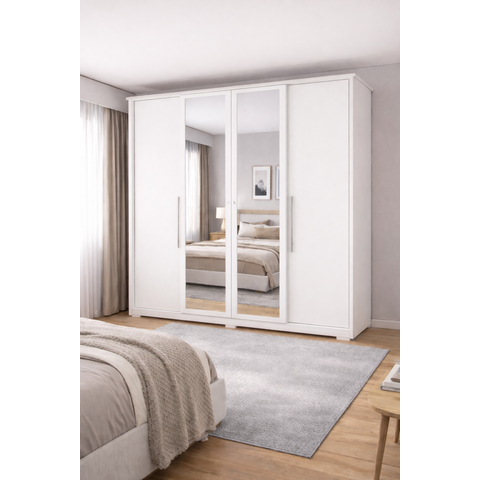 Guarda-Roupa Casal 4 Portas 2 Gavetas Mônaco com Espelho Branco