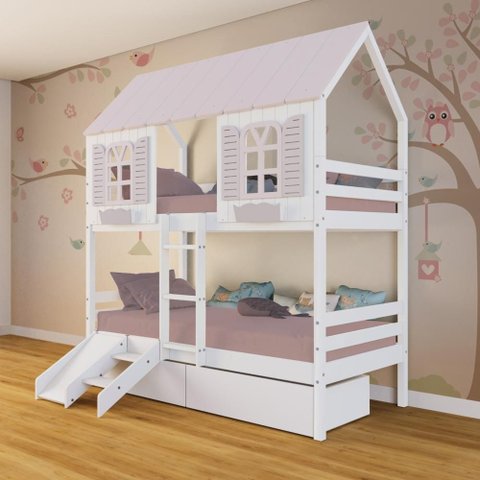 Beliche Casinha Bela com 2 Gavetas Kit Escada/Escorregador - Madeira Maciça Branco/Rosa |