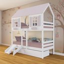 Ver imagem 1 de Beliche Casinha Bela com 2 Gavetas Kit Escada/Escorregador - Madeira Maciça Branco/Rosa |