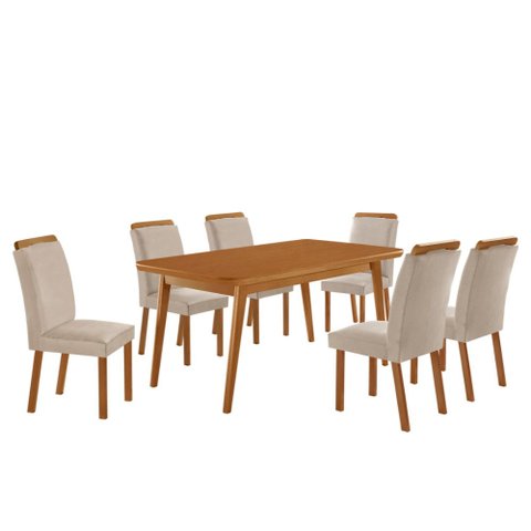 Mesa de Jantar Copper 180cm Tampo MDF Vidro Canto Copo com 6 Cadeiras Madeira Athenas
