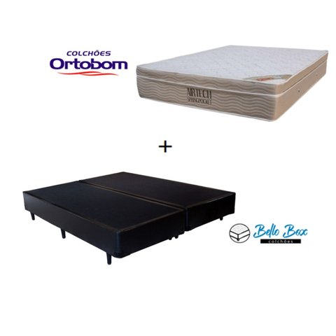 Cama Box Casal Bipartido 138 Sintético Preto com Colchão Ortobom Airtech Spring Pocket D26 Bege 70x1