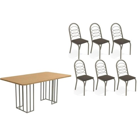 Conjunto: Mesa de Cozinha Duina C/ Tampo de Madeira 160cm e 6 Cadeiras Holanda Niquel/freijo -