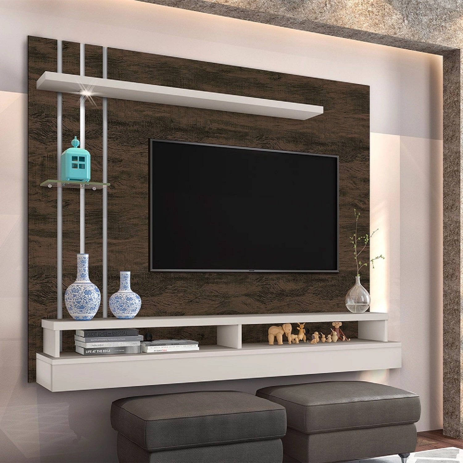 Painel de Tv Alto Padrão Nogal/OffWhite com Luz de Led - 2