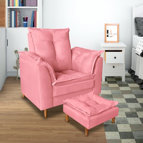 Poltrona Confortável para Amamentação com Puff Fibras Macias Rosa