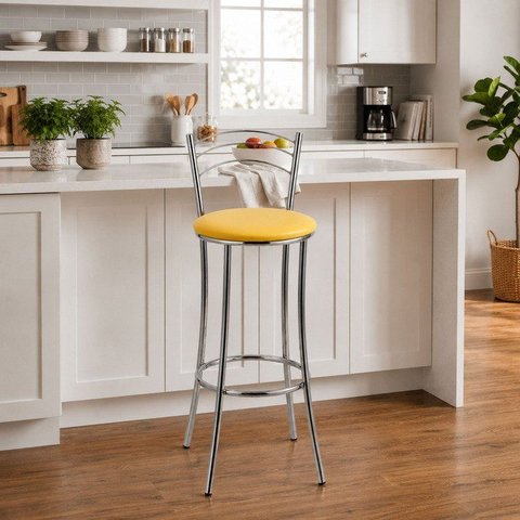 Banqueta Alta Cromada c/ Assento Estofado e Encosto p/ Bancada Cozinha Área Gourmet Cromado/Amarelo