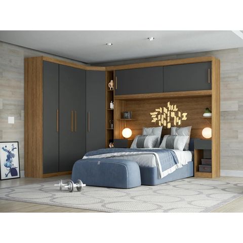 Guarda Roupa Casal Modulado 5 Peças 6 Portas Ipê Wood/Grafite Gênova Plus Cinza