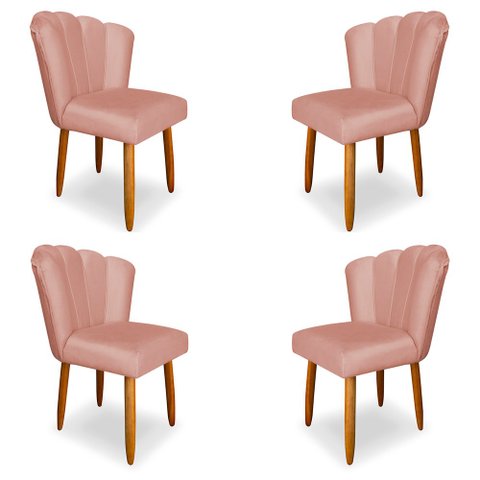 Kit 4 Cadeiras de Jantar Pétala Estofada Pés Palito Veludo Rosê - Montanaris Decor