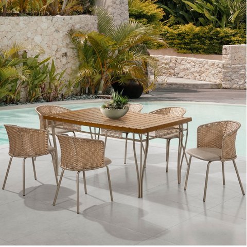 Mesa de Jantar Retangular 6 Cadeira Gourmet Geane Aço Nobre