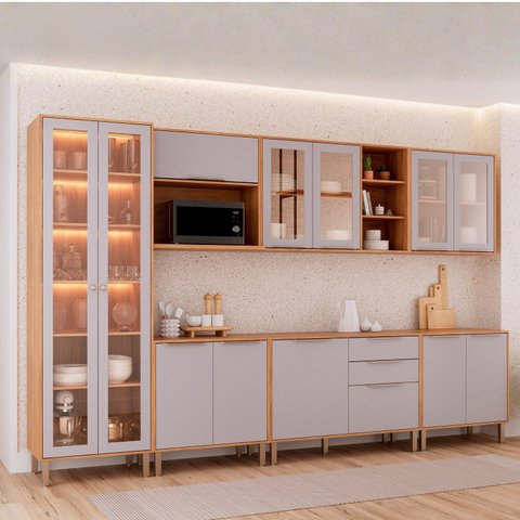 Cozinha Modulada 7 Peças Brilhante com 1 Cristaleira 3 Balcões 3 Armários Aéreos Bege/Cinamomo/Platina