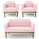 Ver imagem 1 de Sofá Namoradeira e 2 Poltronas Base Madeira Castanho Maressa Suede Rosa Bebê - Ibiza