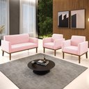 Ver imagem 2 de Sofá Namoradeira e 2 Poltronas Base Madeira Castanho Maressa Suede Rosa Bebê - Ibiza