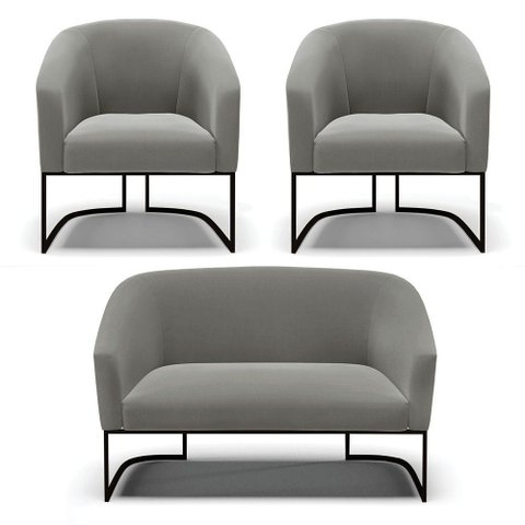 Sofá Namoradeira e 2 Poltronas Base Industrial Preto Stella Suede D03 - D'Rossi Cor Grafite