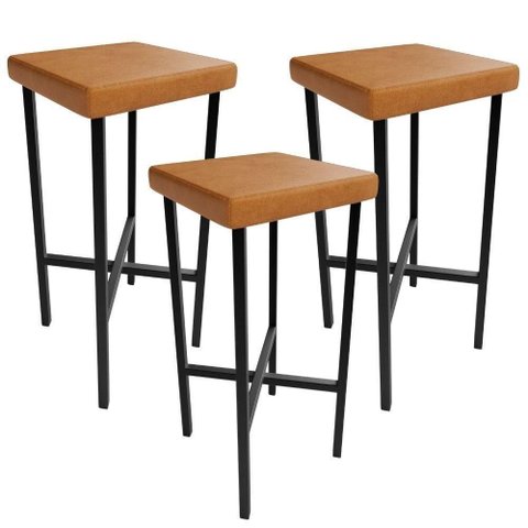 Kit 03 Banquetas Alta Bar Cozinha Sala de Jantar Preto Stella L02 Couríssimo Canela - Lyam Decor
