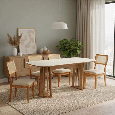 Mesa Jantar 180cm C/ 4 Cadeiras Estofadas para Sala 100% Mdf Cor:off White com Freijó e Courino