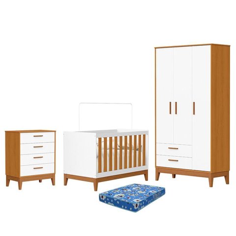 Dormitório Infantil Flip Guarda Roupa 3 Portas, Cômoda 4 Gavetas e Berço Branco Fosco/savana com