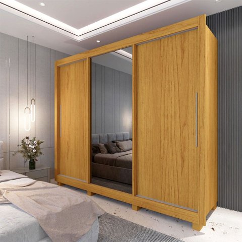 Guarda-Roupa Casal Majestique 3 Portas 4 Gavetas 100% MDF com Espelho Flex Naturale/Off White - Pnr 