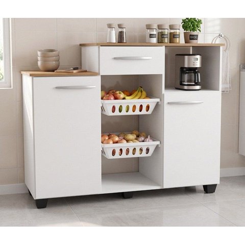 Fruteira Balcão de Cozinha Multiuso 2 Portas 1 Gaveta 2 Cestos Branco