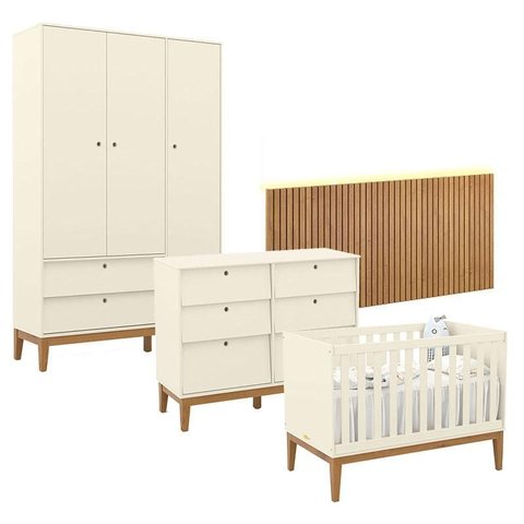 Quarto de Bebê Unique 3 Portas com Cômoda 6 Gavetas e Painel Ripado com Led Off White Eco Wood - Mat