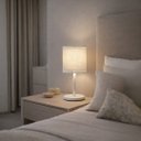 Ver imagem 2 de Luminária de Mesa Cúpula Dupla Linho Pérola Base Branca Slim