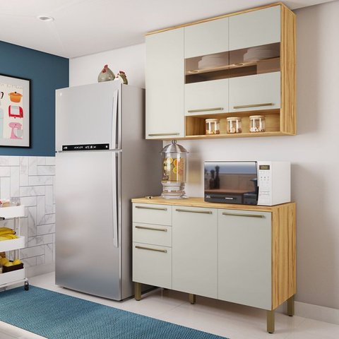Armário de Cozinha Compacta Modulada 2 Peças 6 Portas com Tampo e Vidro 100% MDF Itália Espresso Móveis Bege/Amêndoa/Off White