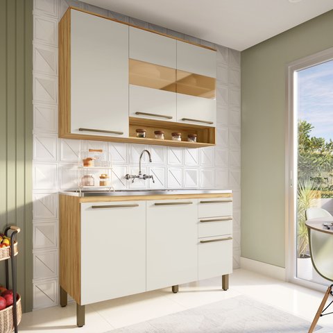 Armário de Cozinha Compacta Modulada 2 Peças 6 Portas sem Tampo com Vidro 100% MDF Itália Espresso Móveis Bege/Amêndoa/Off White