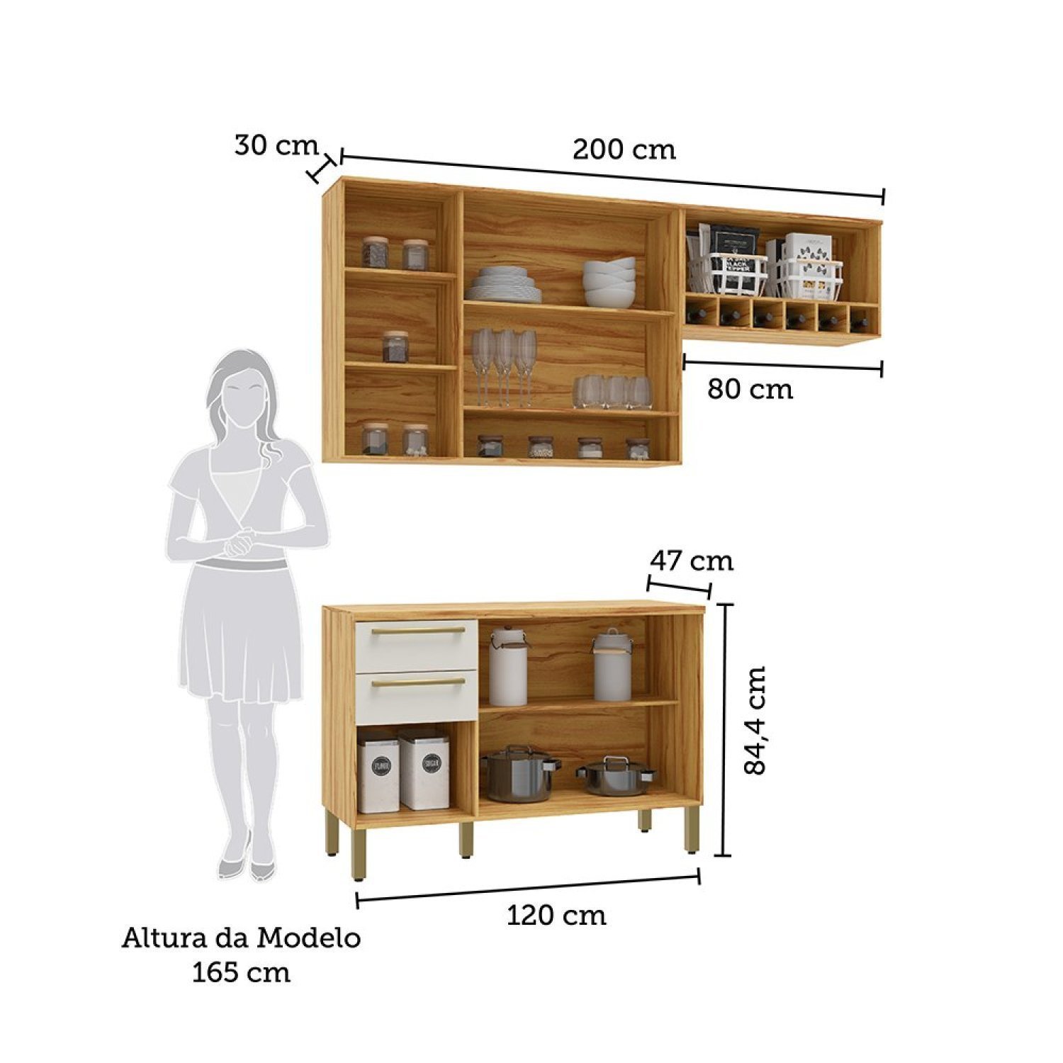 Cozinha Modulada Compacta 3 Peças 7 Portas 2 Gavetas com Tampo e Vidro Reflecta 100% Mdf Itália Espr - 3