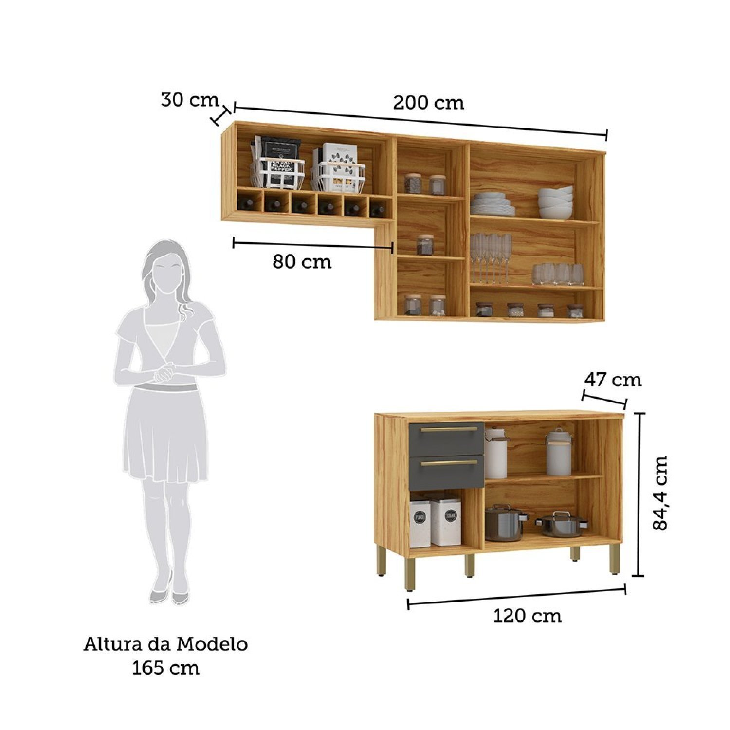 Cozinha Modulada Compacta 3 Peças 7 Portas 2 Gavetas com Tampo e Vidro Reflecta 100% Mdf Itália Espr - 3