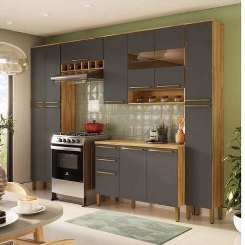 Cozinha Completa 100% Mdf 5 Peças 13 Portas 2 Gavetas com Tampo e Vidro Itália Espresso Móveis