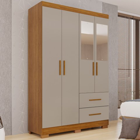 Guarda-Roupa Solteiro 4 Portas com Espelho 2 Gavetas Estrela Premium Off White/Cinamomo/Off-White